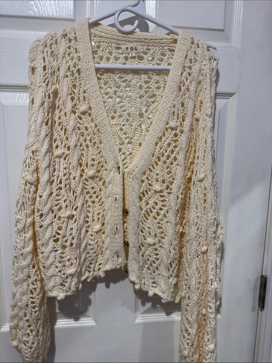POL Sweaters - POL Cream Openwork Lace Knit Button Cardigan